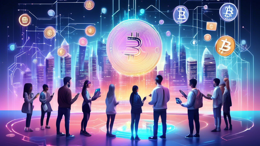 Create an image depicting a digital landscape where a futuristic city is made of circuits and cryptocurrency symbols like Bitcoin, Ethereum, and others. In the foreground, a young, diverse group of beginners are gathered around a holographic chart that shows rising digital wealth, some holding smartphones and tablets with cryptocurrency apps. In the background, large, transparent coins float in the air, representing the various cryptocurrencies. The overall tone of the image should be educational and optimistic, emphasizing the potential and accessibility of cryptocurrency investments for beginners.