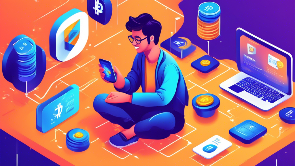 Create a detailed and engaging illustration representing a step-by-step guide for buying cryptocurrency using PayPal. Include elements like a friendly person holding a smartphone, the PayPal logo, crypto wallet icons, various cryptocurrency symbols (like Bitcoin, Ethereum, etc.), and a series of sequential steps displayed in the background. Make the scene vibrant and easy to follow, highlighting each step clearly with numbers or arrows, suggesting ease and accessibility. The overall style should be modern and appealing, with a focus on the concept of financial technology and online transactions.