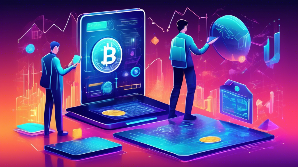 Create a detailed illustration showcasing a futuristic financial scene. In this scene, highlight various trending cryptocurrencies such as Bitcoin, Ethereum, and other popular altcoins. Show digital wallets and charts with upward trends. Incorporate elements that symbolize cutting-edge technology and innovation, such as holographic displays and AI robots, to depict the investment in cryptocurrencies. Use a sleek, modern color palette with neon accents to give the impression of a high-tech and prosperous future.