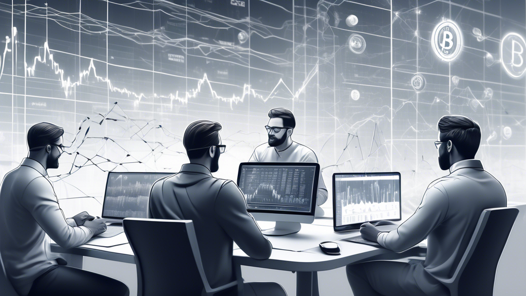 Create an image capturing the essence of investing in crypto stocks: a diverse group of people analyzing digital charts and cryptocurrency icons on a futuristic trading platform. The background features a blend of traditional stock market indicators and innovative blockchain technology, symbolizing the convergence of old and new financial systems.