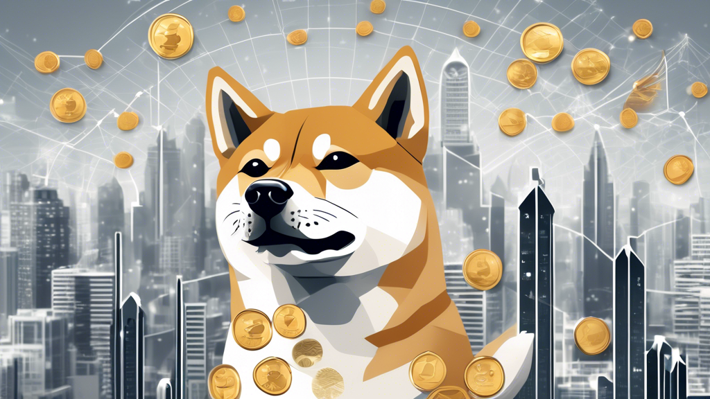 Create an image of a Shiba Inu dog holding coins in its mouth, with a futuristic digital landscape in the background, showcasing stock market graphs and cryptocurrency symbols, to symbolize the Shiba Inu cryptocurrency. Include visual elements that indicate a guide to buying and investing in the cryptocurrency.