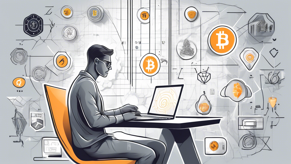 An illustration showing a person confidently using a laptop while surrounded by security symbols, financial charts, and cryptocurrency icons like Bitcoin and Ethereum. The background features a calm, modern room with subtle futuristic elements indicating high technology and safe investment.