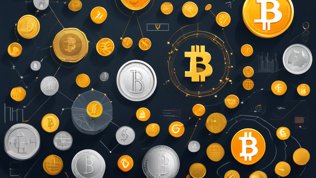 Create an image that represents a comprehensive guide for beginners on the best coin to invest in. Include symbols like coins, graphs, charts, and magnifying glasses to emphasize research and analysis. The background could be divided into two parts: one showing traditional coin investments like gold and silver coins, and the other showing digital cryptocurrency icons like Bitcoin and Ethereum. Add elements like an open book or a guidebook with the title Investing in Coins to convey the educational aspect. Make sure the image is vibrant and appealing to novice investors.