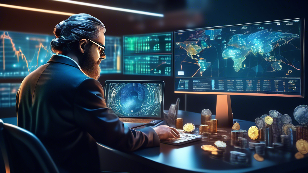 Create an image of an investor analyzing various cryptocurrencies with a modern, high-tech feel. Show a futuristic trading desk with holographic charts and graphs displaying top coins for 2023 such as Bitcoin, Ethereum, and emerging altcoins. The investor should look focused and thoughtful, surrounded by a blend of physical and digital coins, signifying expert analysis and top investment picks.