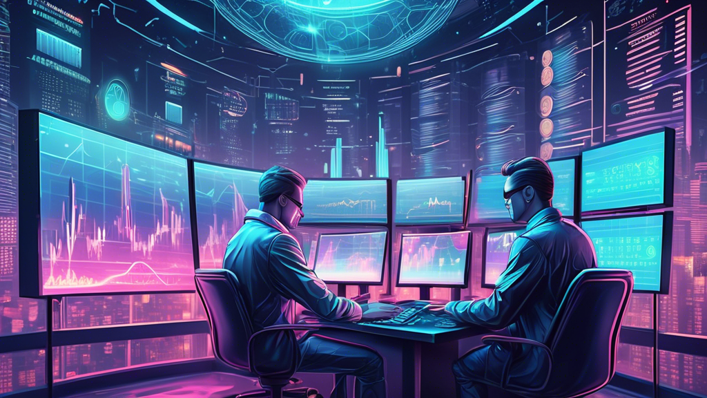 Create a digital illustration of a futuristic stock market scene featuring various cryptocurrencies as vibrant, glowing symbols. Include prominent coins like Bitcoin, Ethereum, and other emerging crypto tokens as the focus. Depict people or robotic traders analyzing charts and data on transparent screens, highlighting a sense of advanced technology and financial prosperity. The backdrop should blend elements of modern financial districts with a cyberpunk aesthetic.