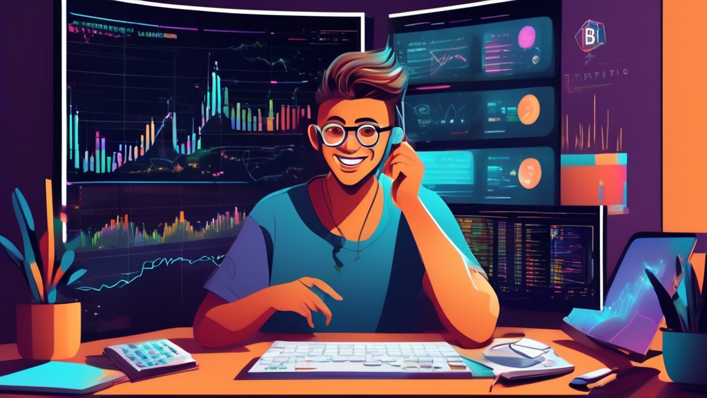 Create an image of a young person sitting at a desk, enthusiastically studying a computer screen filled with charts and graphs, depicting a beginner's journey into crypto futures trading. Surround the desk with books titled 'Crypto Futures 101' and 'Trading for Beginners', and add some cryptocurrency symbols like Bitcoin and Ethereum icons subtly integrated into the background décor.