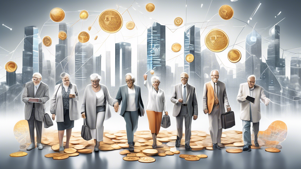 Create an image illustrating a futuristic retirement concept where a diverse group of retirees celebrates financial freedom, showing piles of digital coins, futuristic cityscapes, and holographic financial graphs. Highlight the integration of blockchain technology by incorporating elements such as interconnected nodes, smart contracts, and digital wallets.
