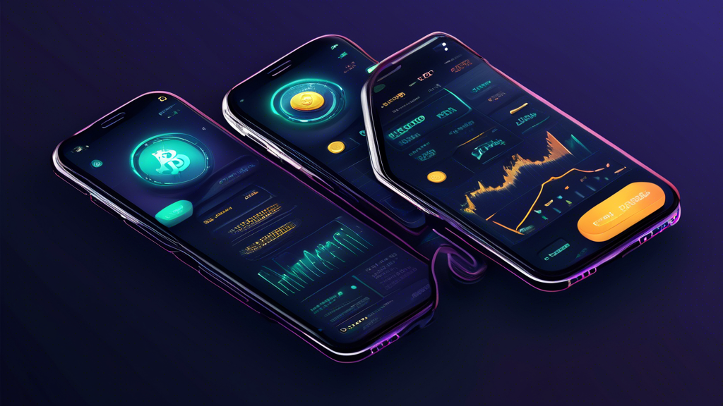 Create a digital illustration of a user-friendly mobile app interface for trading cryptocurrencies in 2023. The app should have a sleek, modern design with features like real-time charts, cryptocurrency portfolios, and trading options. The background shows futuristic elements and smart technology, emphasizing innovation and advanced security. Icons of popular cryptocurrencies like Bitcoin, Ethereum, and others should be visible. The overall mood is professional and secure, making it appealing for new and experienced traders alike.