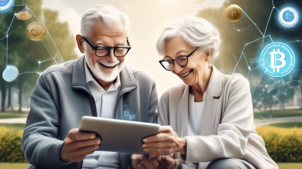 An elderly couple happily enjoying their retirement, surrounded by futuristic digital elements representing cryptocurrency, with a backdrop of a serene park. They are looking at a tablet displaying a cryptocurrency investment portfolio, symbolizing the integration of IRA investments with modern digital currency.