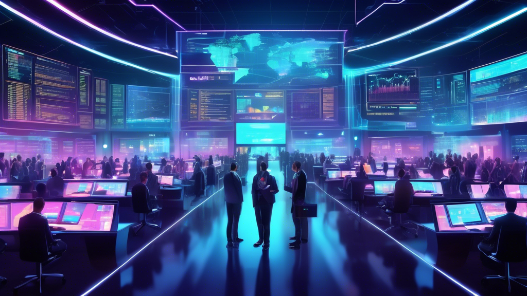 Create a futuristic digital illustration of a bustling, high-tech trading floor with large, holographic screens displaying various cryptocurrencies and their market trends. The setting should include diverse traders, both human and AI, interacting with advanced trading tools. Add logos of top cryptocurrency platforms like Binance, Coinbase, and Kraken prominently on the screens. The atmosphere should be vibrant and energetic, highlighting the innovations and advancements in the crypto trading space for 2023.