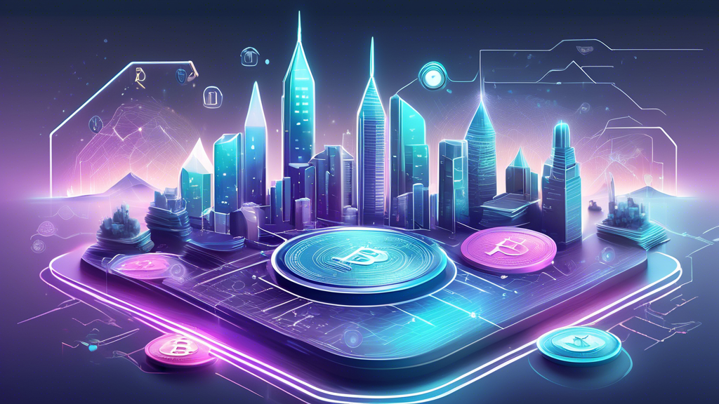 Create an illustration of a futuristic financial landscape, showcasing vibrant digital coin icons for top cryptocurrencies like Bitcoin, Ethereum, Solana, and Cardano. Highlight dynamic graphs and charts indicating growth, with a sleek, modern city skyline and holographic displays in the background, symbolizing innovation and technology-driven investment.