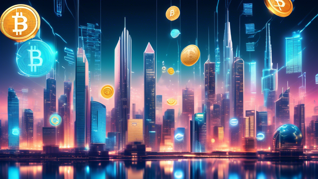 Create an image of a futuristic cityscape where towering digital coins and blockchain symbols blend seamlessly with modern architecture. Prominently feature popular cryptocurrencies like Bitcoin, Ethereum, and Binance Coin as glowing holograms in the sky. Add a diverse group of people engaging in various activities such as trading, analyzing data on tablets, and discussing investments, showcasing a thriving community focused on cryptocurrency. Use a color palette of vibrant blues, greens, and metallics to evoke a sense of innovation and prosperity.