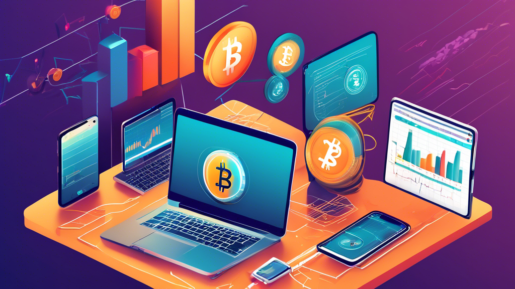 Create a detailed illustration of a beginner's guide to trading cryptocurrency. The image should feature a diverse group of young people using laptops and smartphones, exploring charts and graphs, and exchanging ideas. Include elements like Bitcoin and Ethereum logos, digital wallets, and a step-by-step tutorial in the background. The overall vibe should be modern, educational, and encouraging for those new to crypto trading.