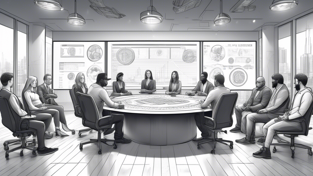 Create an image of a diverse group of people sitting around a modern conference table, each holding large, oversized coins with Bitcoin and Ethereum logos. The room features digital screens displaying financial charts and cryptocurrency symbols, with a cityscape visible through large windows in the background.