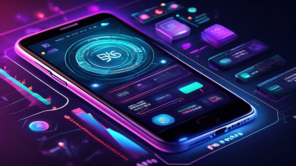 Create a highly detailed illustration of a futuristic smartphone interface. The screen is displaying a sleek cryptocurrency trading app with vibrant graphics. Key features are highlighted and labeled on the screen, such as real-time price charts, security settings, user-friendly navigation, portfolio tracker, and instant transaction options. The background shows a modern, tech-savvy environment with elements like blockchain symbols and digital currencies such as Bitcoin, Ethereum, and others subtly integrated into the design.