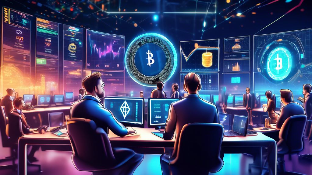 Create a detailed digital illustration depicting a futuristic financial market scene with focus on cryptocurrencies and ETFs. Show investors analyzing digital screens displaying top-performing crypto ETFs in 2023. Feature prominent crypto logos like Bitcoin and Ethereum alongside various ETF symbols, highlighting a high-tech, secure trading environment. Include elements like graphs, charts, and holographic displays to emphasize cutting-edge technology and prosperous investment prospects.