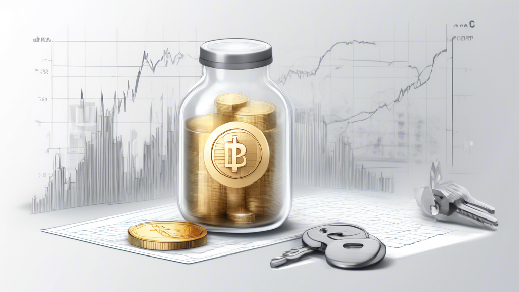 Create an image illustrating the concept of a Crypto IRA account. Show a golden digital coin with a lock symbol, representing security, and a retirement savings jar with the text 'Crypto IRA'. Include a futuristic digital grid background with subtle graphs indicating growth and stability.