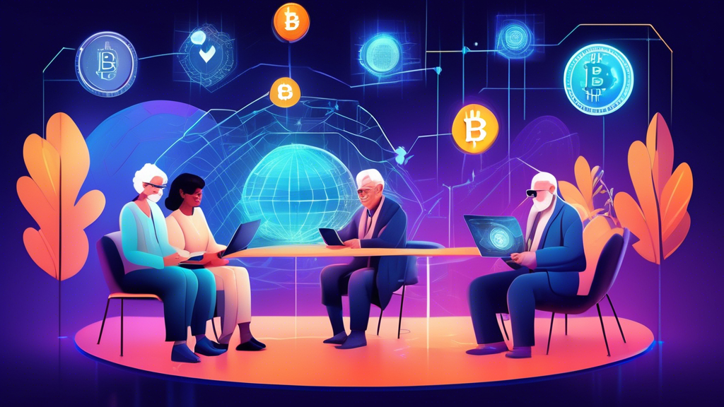 Create an illustration depicting a futuristic retirement planning scene, where a diverse group of older individuals are engaged in a virtual reality meeting discussing their Cryptocurrency IRAs. The setting includes digital charts displaying cryptocurrency growth, holographic coins symbolizing various cryptocurrencies, and a serene backdrop that merges financial stability with cutting-edge technology. Emphasize a sense of optimism and security in their expressions as they explore the benefits of their investment in a tech-enhanced retirement landscape.