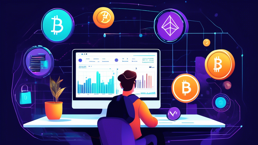 Create an image depicting a beginner's guide to cryptocurrency investing. Show a young person reading a visually engaging, step-by-step guidebook about cryptocurrencies. Surround them with vibrant digital assets like Bitcoin, Ethereum, and other altcoin symbols. Include a futuristic computer setup with charts showing market trends, a digital wallet icon, and padlocks symbolizing security. The atmosphere should feel educational and empowering, with elements that convey the technological and financial aspects of cryptocurrency investing.