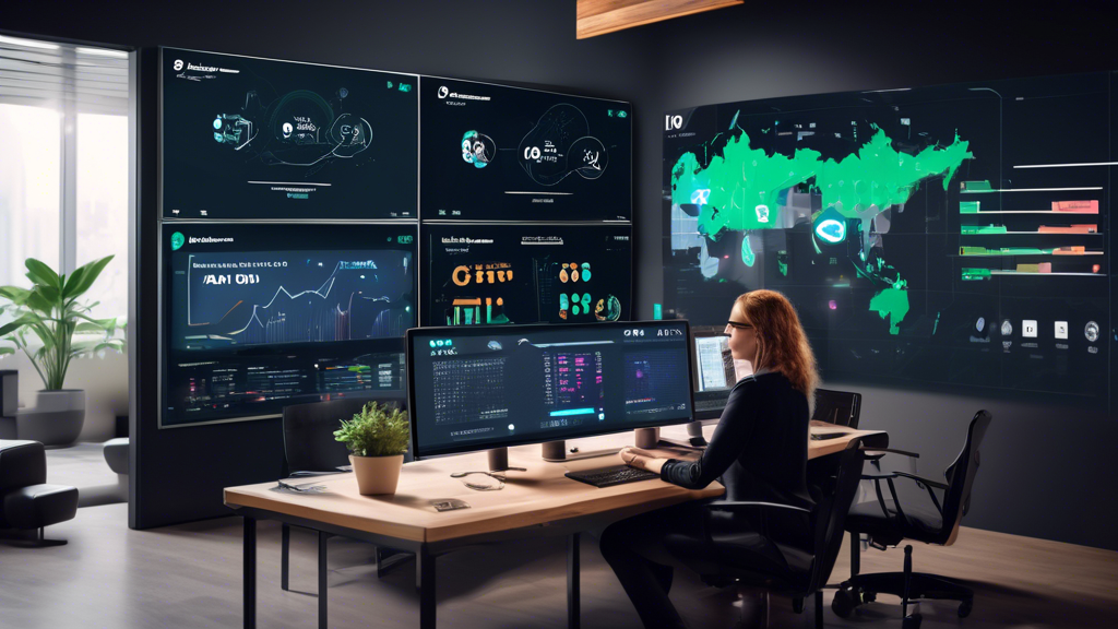 Create an image that showcases the benefits of investing in an Alto Crypto IRA. The scene features a modern, sleek office with a diverse group of people. On the wall, there is a large screen displaying growing cryptocurrency charts and graphs. A person is sitting at a desk, confidently smiling at a laptop where the Alto IRA logo is visible. On the desk, there are icons of various cryptocurrencies like Bitcoin and Ethereum. The background includes a futuristic cityscape visible through large windows, symbolizing a secure and promising financial future.