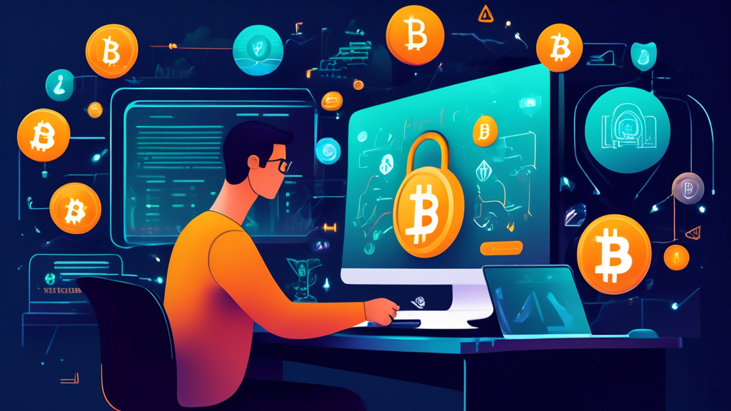An illustration of a person securely and confidently buying cryptocurrency online. They are sitting at a desk, with a laptop displaying a crypto exchange platform, surrounded by symbols of popular cryptocurrencies like Bitcoin and Ethereum. The background features icons representing security measures like a padlock, two-factor authentication, and encrypted data. The scene is bright and modern, giving a sense of safety and technological advancement.