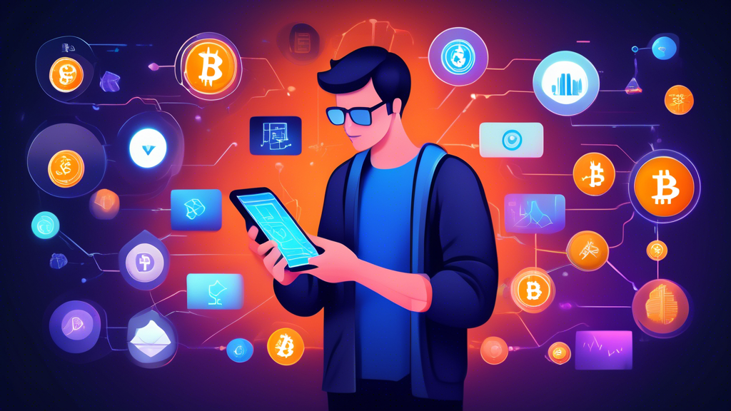 Create an image of a modern digital marketplace with various iconic cryptocurrency symbols such as Bitcoin, Ethereum, and Litecoin. In the foreground, depict a person holding a smartphone, with the screen displaying a user-friendly crypto trading app interface. Include graphical elements like charts, trading indicators, and a list of popular cryptocurrencies. The background should convey a high-tech, futuristic ambiance, emphasizing security and innovation.