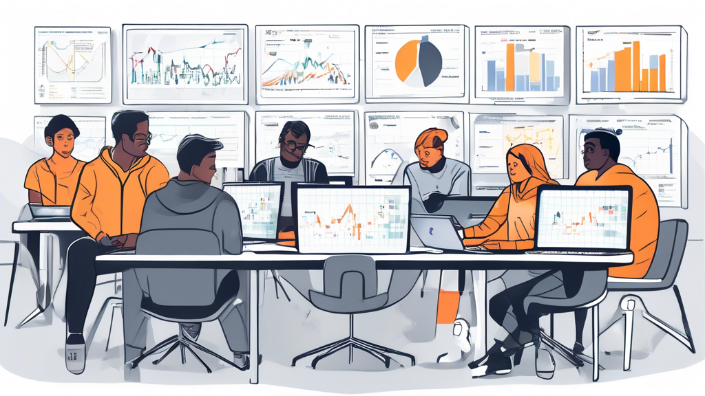 An illustration of a diverse group of beginners sitting at computers, each with charts and graphs on their screens, learning about cryptocurrency trading. The setting shows a friendly, educational environment with clear, easy-to-understand visuals of Bitcoin, Ethereum, and other popular cryptocurrencies. The scene is bright and welcoming, emphasizing a sense of community and learning.