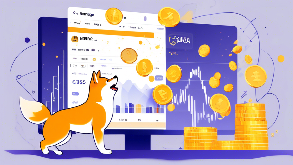 Create an image of a person in front of a computer screen, excitedly purchasing Shiba Inu Coin. The screen displays a cryptocurrency exchange platform with charts and the Shiba Inu logo. In the background, a playful Shiba Inu dog and some gold coins are scattered around, symbolizing the investment. The overall scene should feel modern, digital, and vibrant, illustrating the step-by-step process of buying Shiba Inu Coin.