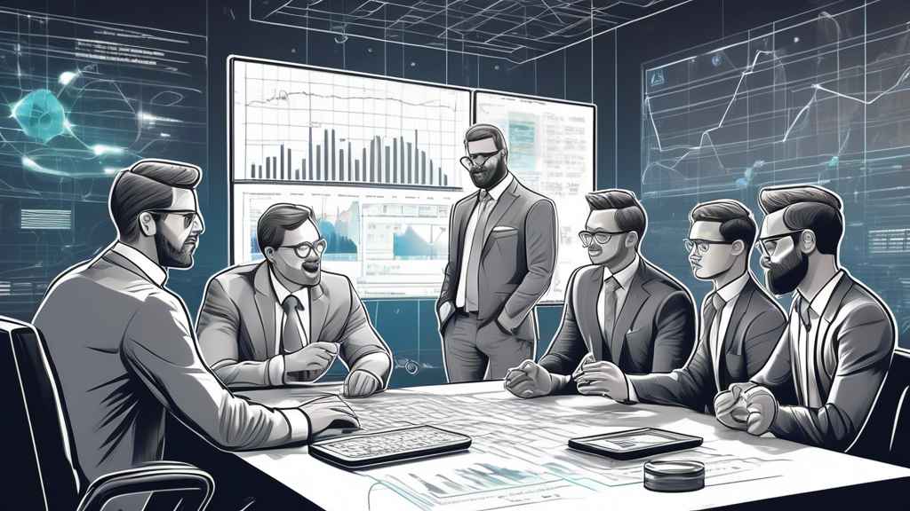 Create an illustration of a financial advisor discussing cryptocurrency investments with a diverse group of clients. The scene includes charts and graphs showing the performance of various cryptocurrency stocks, a large digital coin symbol in the background, and futuristic elements like holographic displays of Bitcoin, Ethereum, and other cryptocurrencies. The atmosphere should be professional and informative.