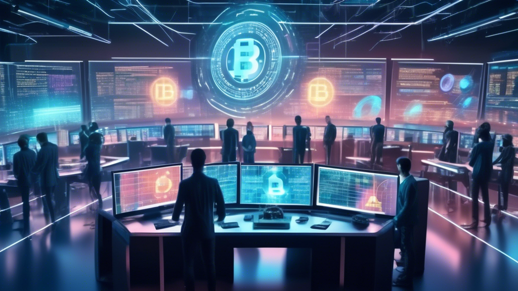 Create a futuristic scene depicting AI-driven robots and algorithms analyzing cryptocurrency data on multiple holographic screens in a high-tech trading office. The setting should reflect a blend of advanced technology and financial elements, with digital coins like Bitcoin and Ethereum floating in the air. The atmosphere should be energetic and fast-paced, highlighting the groundbreaking impact of AI in the world of crypto trading.