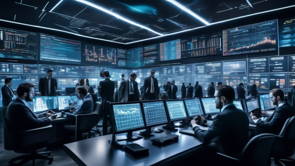 A high-tech, futuristic trading floor filled with glowing holographic screens displaying fluctuating graphs and prices of top cryptocurrencies such as Bitcoin, Ethereum, and Cardano. Traders in sleek suits analyze data on their tablets, while a large central screen highlights the title 'Top Cryptocurrencies to Buy Right Now' in bold, eye-catching text.