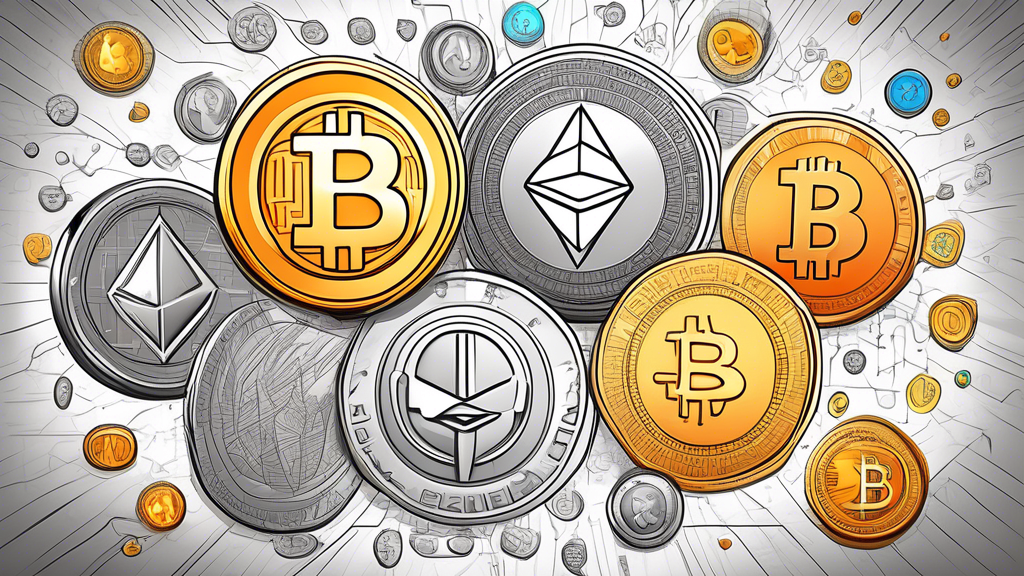 Create an image featuring a diverse range of popular cryptocurrencies such as Bitcoin, Ethereum, and Cardano, depicted as vibrant coins with their respective logos. Position these coins within a futuristic and dynamic financial landscape, with charts and graphs showing upward trends in the background. The scene should convey a sense of optimism and excitement about cryptocurrency investment opportunities.