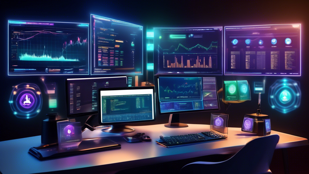 An informative and futuristic image of a sleek, modern computer desk setup with three large monitors. One monitor displays an in-depth comparison chart of different cryptocurrency exchanges, another shows a digital wallet with various cryptocurrencies, and the third features a user interface of a leading crypto trading platform. The background includes elements like blockchain graphics, digital coins floating in the air, and a glowing 'Buy Crypto' button. The scene is set in a high-tech office environment with a slightly dark, cyberpunk aesthetic.