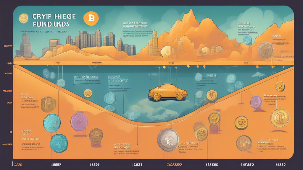 Create a detailed illustration depicting the evolution and impact of crypto hedge funds. The image should show a timeline of key milestones starting from the inception of Bitcoin and the early days of cryptocurrency adoption, through the rise of various crypto hedge funds, and leading up to the present day. Each milestone should have visual representations like charts, graphs, and key figures. The scene should also include a modern high-tech financial office with traders and analysts actively monitoring multiple screens displaying crypto market data, reflecting the contemporary significance and influence of crypto hedge funds in the financial world.