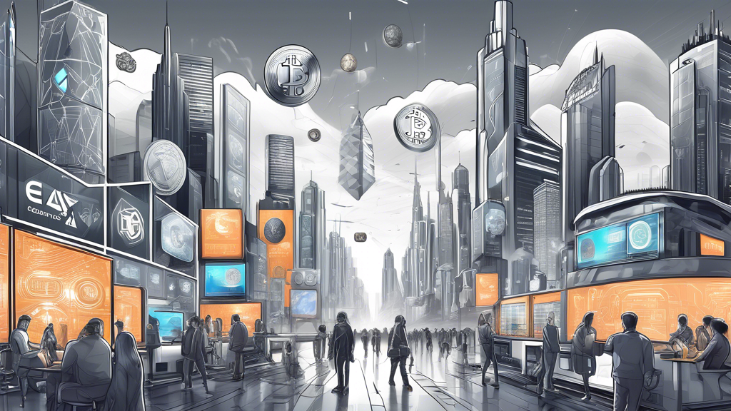 Create a digital illustration showcasing a futuristic cityscape with billboards displaying logos of top cryptocurrencies for 2023, such as Bitcoin, Ethereum, Ripple, Cardano, and Solana. The scene should include a diverse group of people using smartphones and laptops in a modern environment, highlighting the integration of cryptocurrency in everyday life.