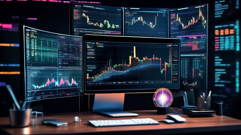 Create an image that illustrates the dynamic world of cryptocurrency trading. Include a modern, sleek desktop setup with multiple monitors displaying real-time trading charts and a variety of cryptocurrency logos like Bitcoin, Ethereum, and Litecoin. Incorporate a digital wallet, blockchain elements, and a professional trader analyzing data with a focused expression. The background should have subtle references to financial growth, such as upward trending graphs or abstract representations of technology and innovation.