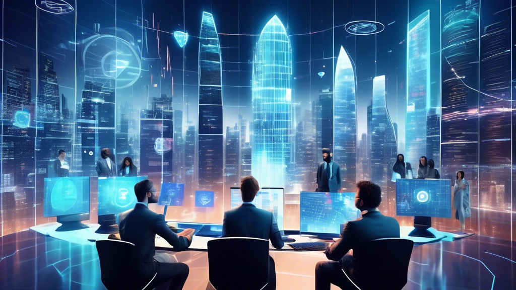 Create an image of a futuristic, high-tech city landscape, with large digital screens on skyscrapers displaying fluctuating cryptocurrency values. In the foreground, depict a group of diverse investors engaged in a virtual meeting, with holographic graphs and charts surrounding them. Include a digital globe symbolizing global connectivity, and integrate stylish, modern elements that convey innovation and the cutting-edge nature of a cryptocurrency fund.