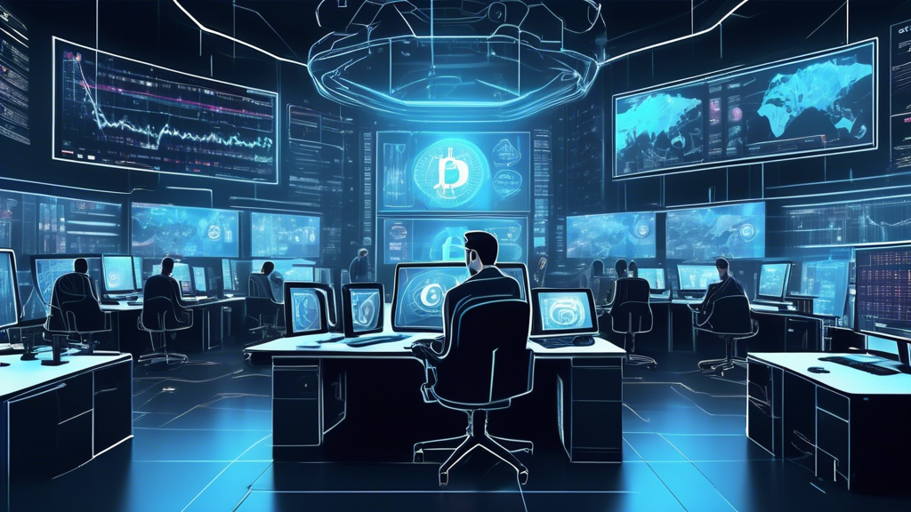 Create a digital illustration of a high-tech, futuristic trading room with large holographic screens displaying cryptocurrency charts and data. Display logos of popular crypto trading platforms like Binance, Coinbase, Kraken, and Gemini on the screens. Include diverse traders working at desks with advanced trading equipment, making the environment look dynamic and technologically advanced.