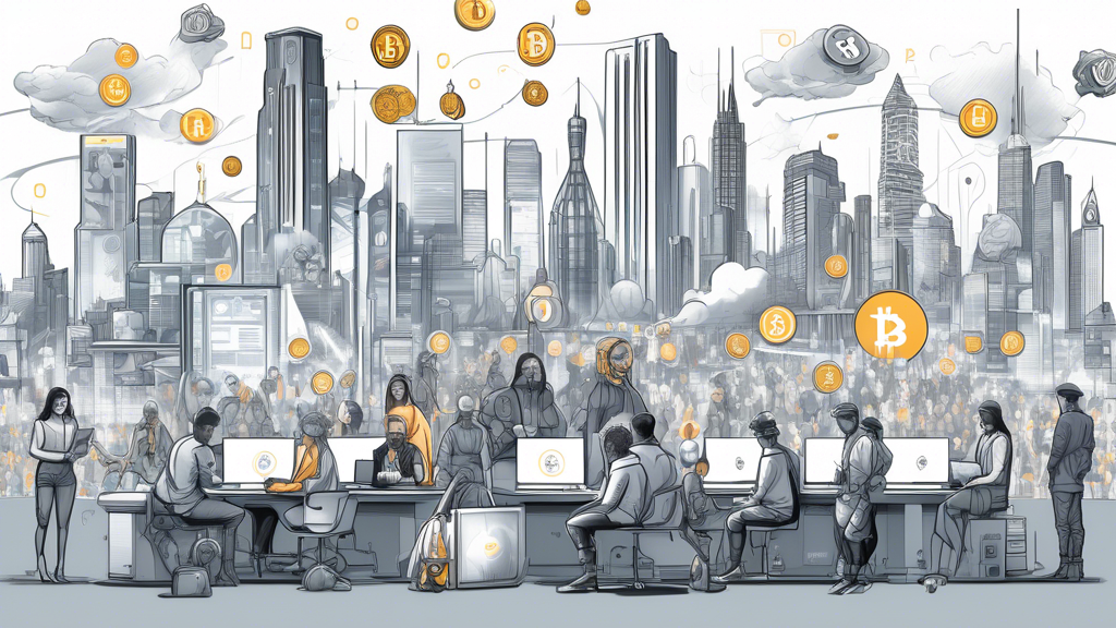 A digital illustration featuring a diverse group of people trading cryptocurrencies on their laptops and smartphones, surrounded by secure and reputable crypto investment platform logos like Coinbase, Binance, and Kraken. The background shows a futuristic cityscape with digital currency symbols and blockchain elements floating in the air, emphasizing security and profitability in the crypto trading space.