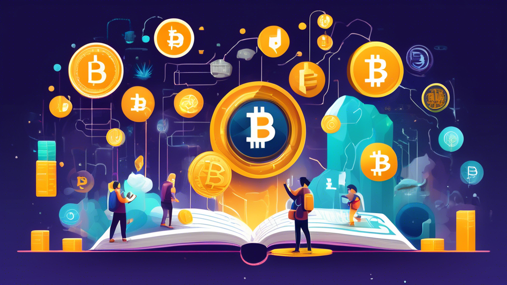 Create an image that visually represents a beginner's journey into the world of cryptocurrency investing. Imagine a vibrant digital landscape with elements like a character holding a smartphone showing various crypto icons like Bitcoin, Ethereum, and other altcoins. Include visual metaphors for learning and growth, such as a path leading upwards with milestones marked by books or lightbulbs, symbolizing gaining knowledge and insights. Add a futuristic city skyline in the background to represent the digital currency world, with floating holographic coins and graphs illustrating market trends. The atmosphere should be welcoming and educational, blending both the complexity and accessibility of crypto investing.