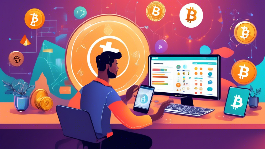 Create an image that visually represents the concept of a beginner's guide to investing in cryptocurrency. The scene should depict a young, enthusiastic individual sitting at a desk with a laptop open, displaying charts and graphs of various cryptocurrencies like Bitcoin and Ethereum. Surrounding the individual, show floating elements of common cryptocurrency symbols, educational books titled Crypto 101, and digital wallets. The setting should have a modern, tech-savvy vibe with subtle, warm lighting to convey a sense of focus and optimism.