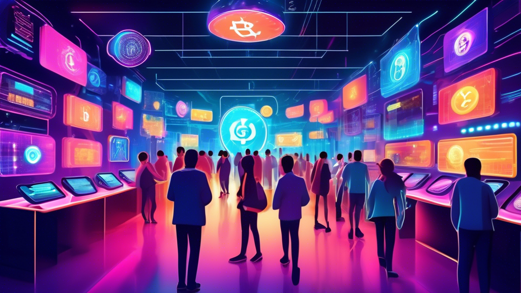 Create an image of a digital futuristic marketplace bustling with activity, showcasing a variety of affordable cryptocurrencies as physical coins, each with unique design features. Include well-known affordable cryptocurrencies, each represented with vibrant colors and logos, displayed on digital boards similar to a stock exchange. The environment should feel modern and high-tech, with screens showing fluctuating numbers and graphs, symbolizing the dynamic nature of cryptocurrency investment.