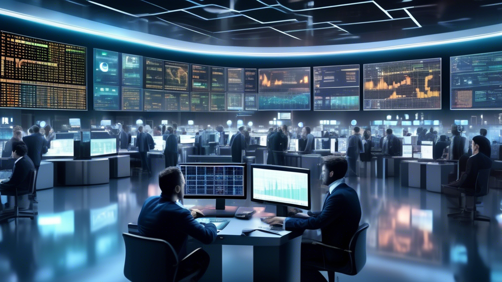Create an image of a futuristic stock market trading floor filled with digital screens displaying the latest cryptocurrency data, including charts and tickers showcasing top coins like Bitcoin, Ethereum, and other emerging cryptocurrencies. Include confident traders wearing modern tech accessories interacting with advanced holographic interfaces to make strategic investment decisions. The atmosphere should be charged with excitement and the anticipation of potential maximum returns.