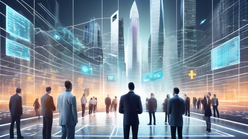Create an image depicting a futuristic financial district with digital screens displaying various crypto stock symbols like Bitcoin, Ethereum, and Solana. Include a diverse group of investors analyzing holographic stock charts, symbolizing the top trending cryptocurrencies to buy in 2023. The atmosphere should be vibrant and dynamic, reflecting the fast-paced nature of the crypto market.