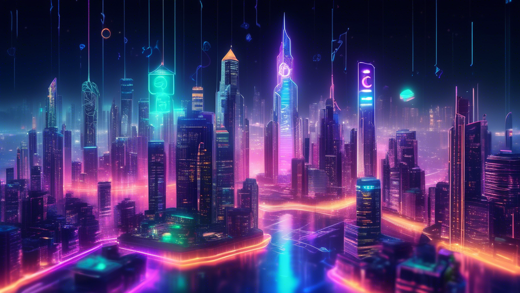 Create an image of a futuristic digital cityscape at night, where skyscrapers are adorned with holographic logos of top cryptocurrencies from 2022, such as Bitcoin, Ethereum, and Binance Coin. The scene should be illuminated with neon lights, reflecting a sense of innovation and the fast-paced world of digital investments. Include elements like digital currency symbols floating in the sky and people using devices that show real-time crypto prices.