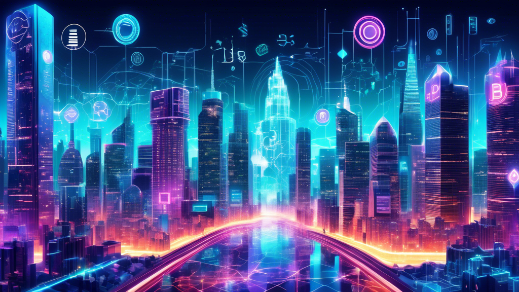 Create an image of a futuristic cityscape where digital elements represent various cryptocurrencies. The skyline features illuminated buildings in the shapes of recognizable cryptocurrency logos such as Bitcoin, Ethereum, and other top cryptocurrencies. The scene is lively and vibrant, showcasing technological advancement and innovation. The sky is filled with digital patterns symbolizing blockchain networks, and there are people interacting with digital devices that project holographic currency symbols. The setting should convey a sense of optimism and forward-thinking investment opportunities in 2023.